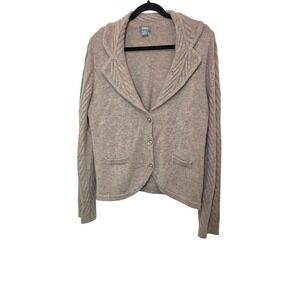 Neiman Marcus Cable Knit Button-Up Cardigan Cashmere Sweater Shawl Collar Beige